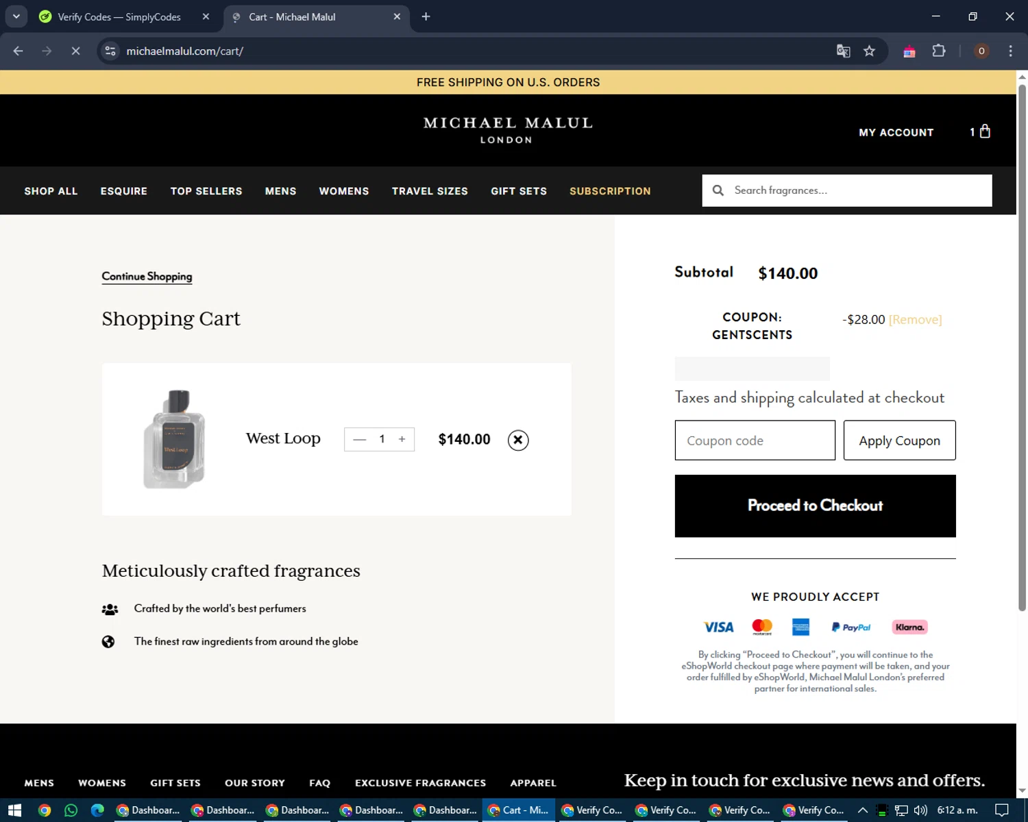 Michael Malul coupon code screenshot showing code GENTSCENTS applied at Michael Malul checkout page. Uploaded by SimplyCodes community member Legendar on Mar 16, 2025