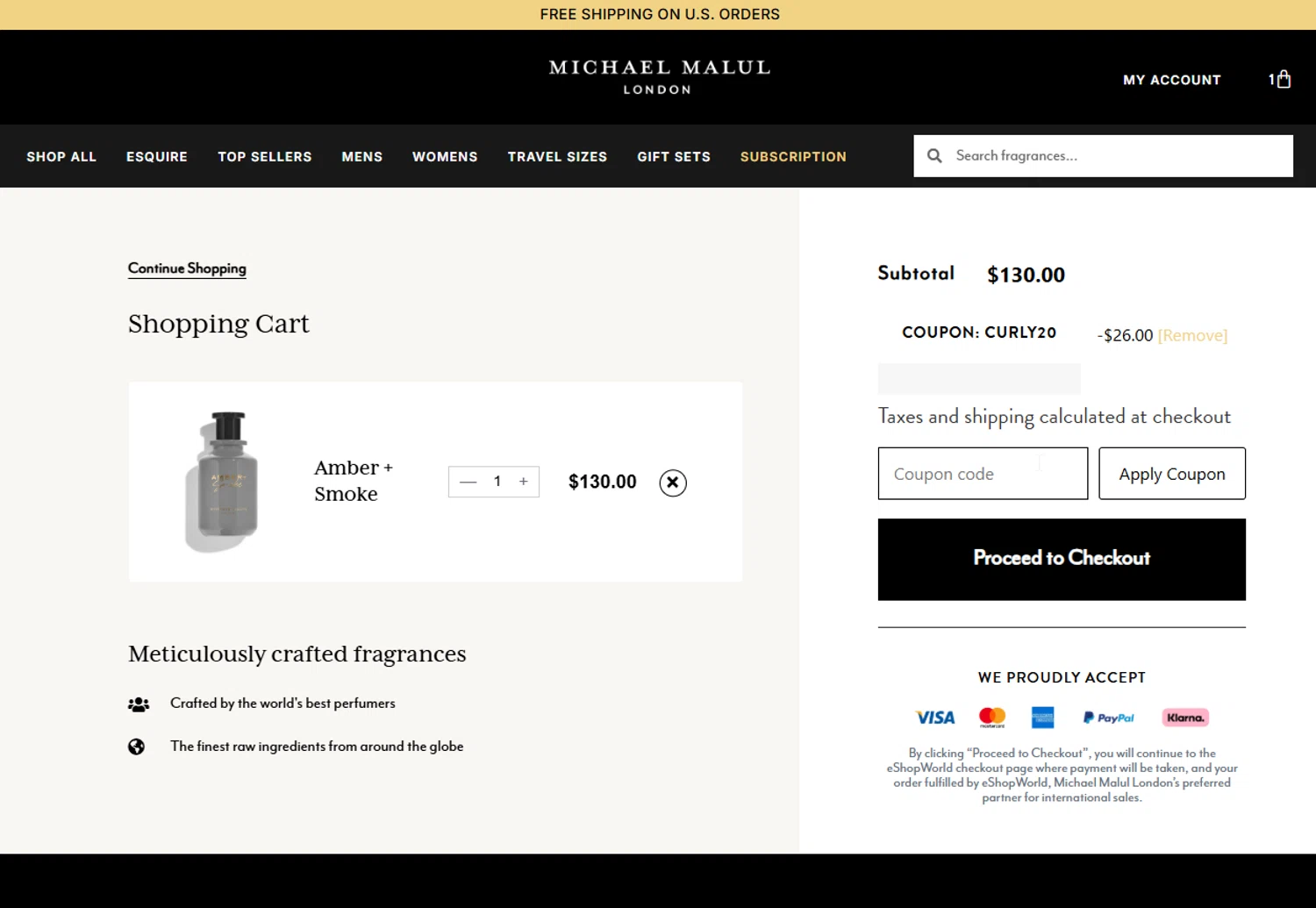 Michael Malul coupon code screenshot showing code Curly20 applied at Michael Malul checkout page. Uploaded by SimplyCodes community member CapitanCentella on Mar 24, 2025