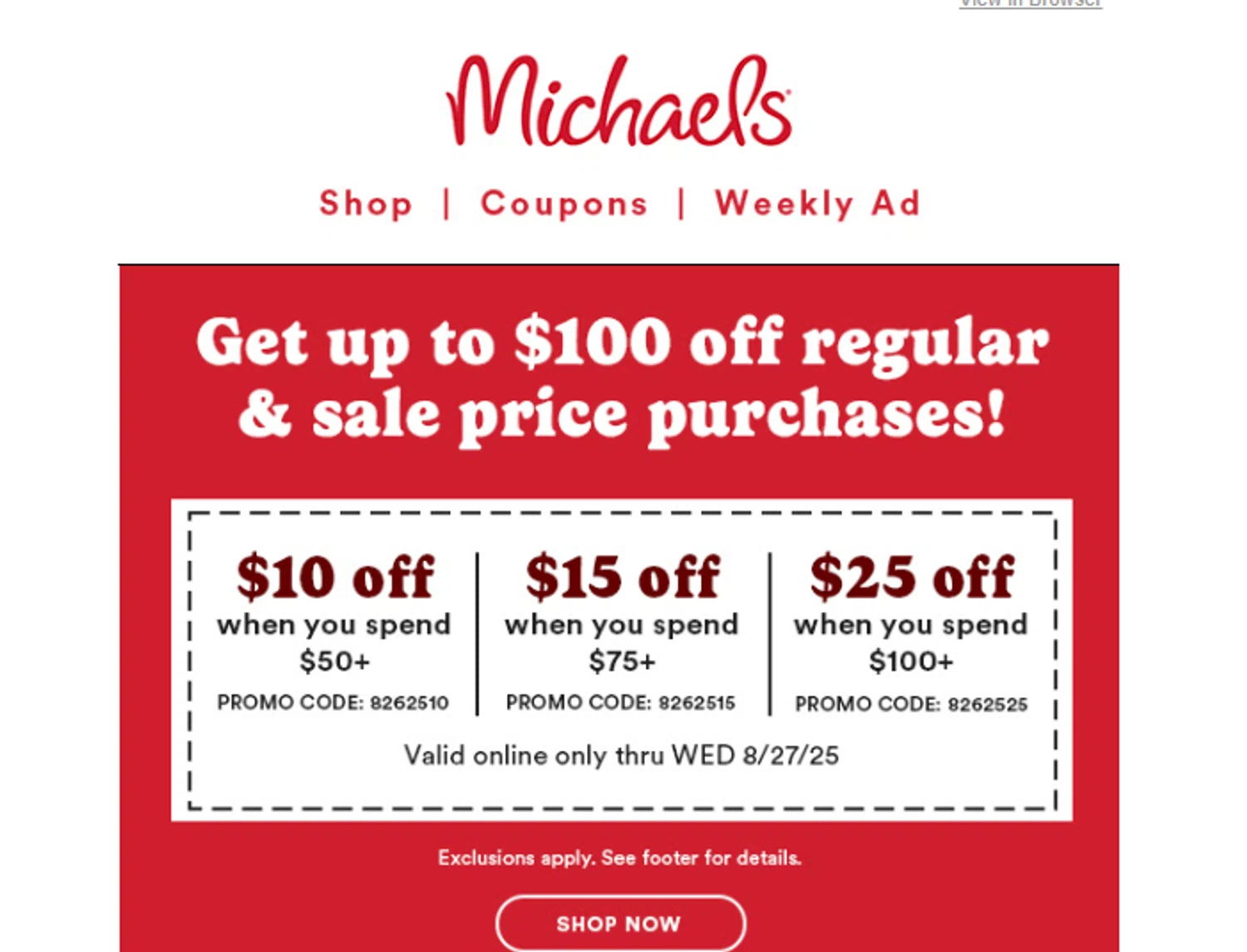 Michaels promo code screenshot showing code 8262510 applied at Michaels checkout page. Uploaded by SimplyCodes community member ______ on Aug 26, 2025