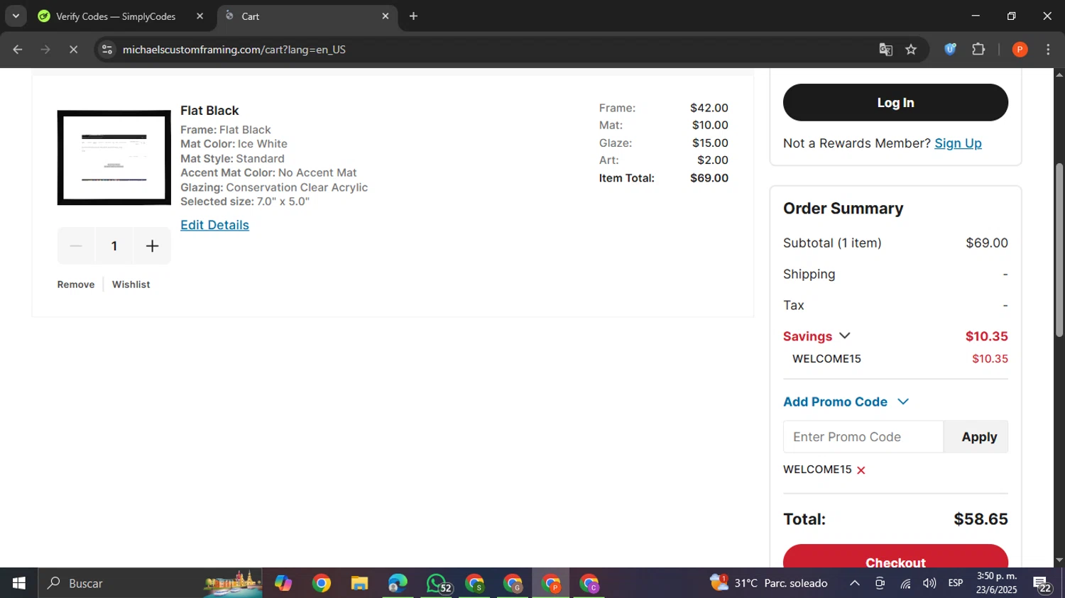 Michaels promo code screenshot showing code WELCOME15 applied at Michaels checkout page. Uploaded by SimplyCodes community member VictoriousCaptain2658 on Jun 23, 2025