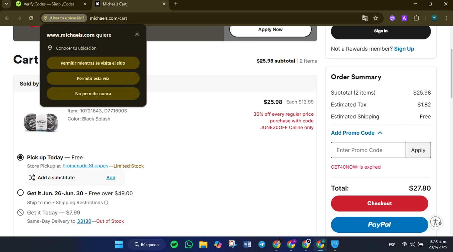 Michaels promo code screenshot showing code GET40NOW applied at Michaels checkout page. Uploaded by SimplyCodes community member Charly2607 on Jun 23, 2025