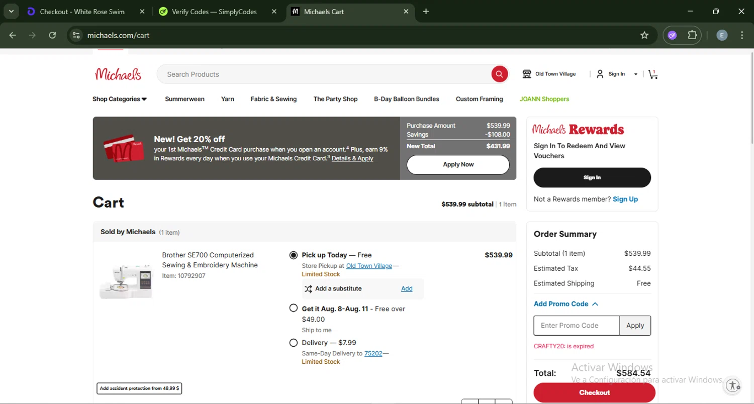 Michaels promo code screenshot showing code CRAFTY20 applied at Michaels checkout page. Uploaded by SimplyCodes community member ExtraordinaryMonarch4598 on Aug 5, 2025
