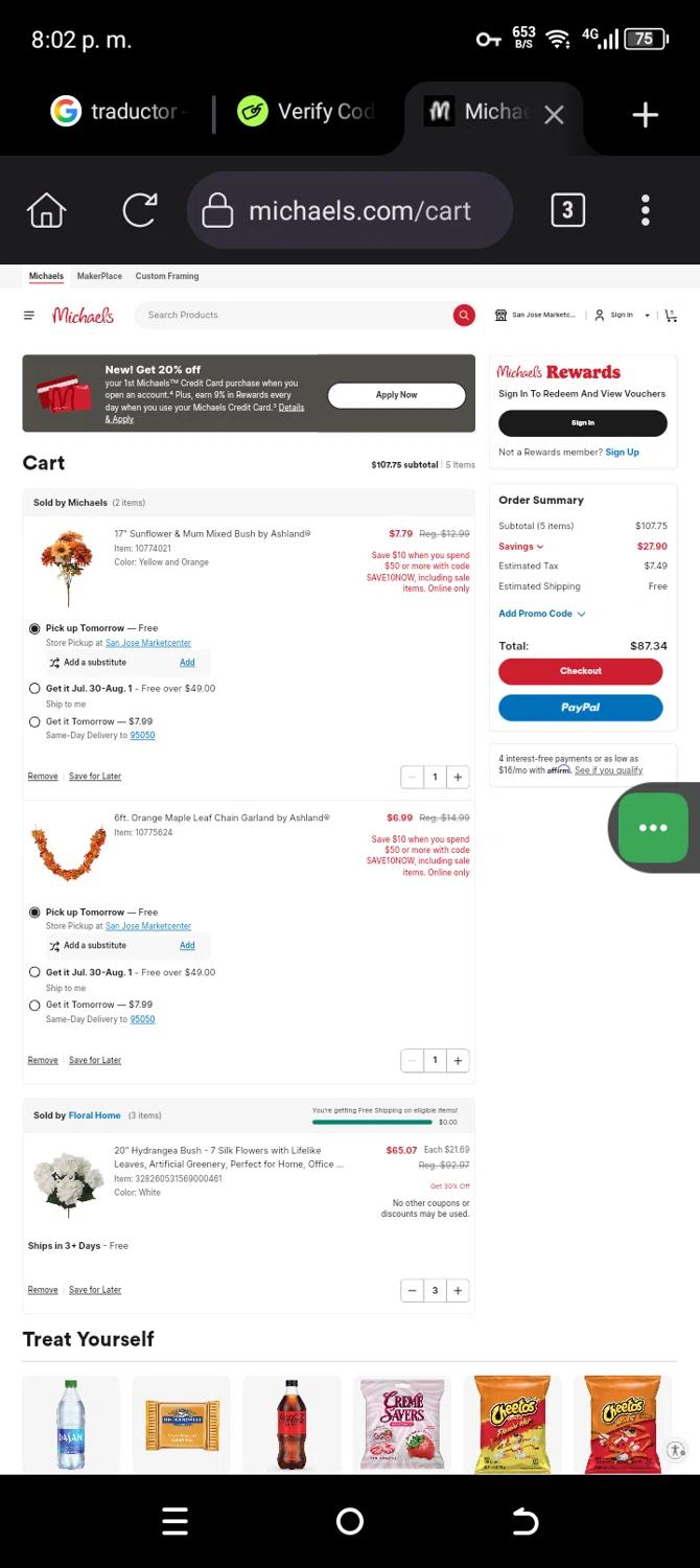 Michaels promo code screenshot showing code CRAFTY20 applied at Michaels checkout page. Uploaded by SimplyCodes community member yojaisea on Jul 28, 2025