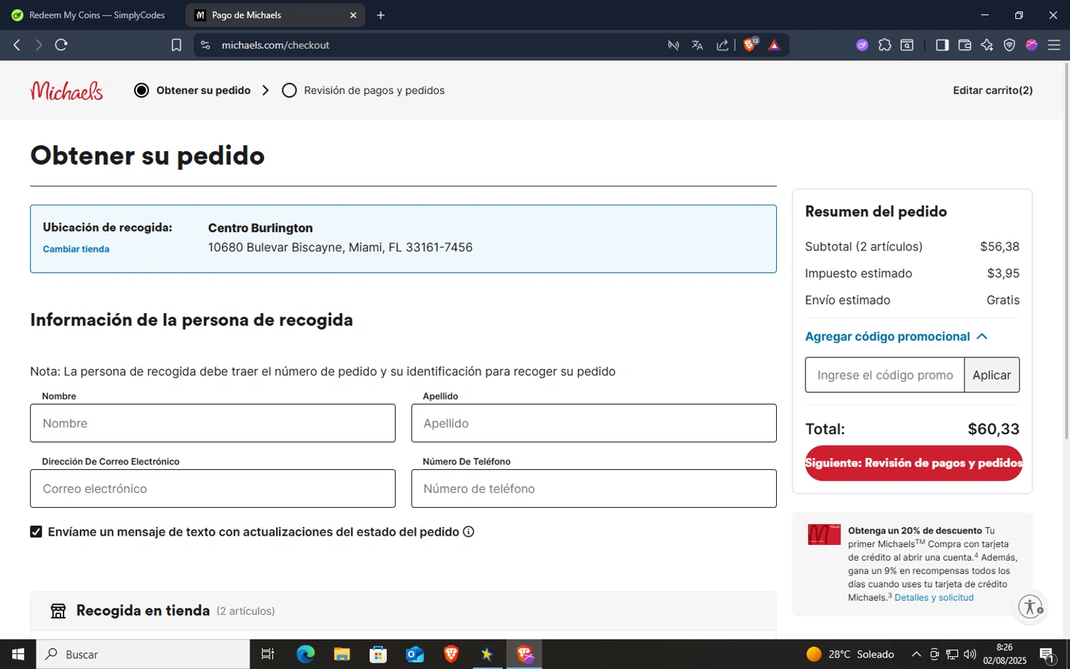 Michaels promo code screenshot showing code 7282530 applied at Michaels checkout page. Uploaded by SimplyCodes community member esponja on Aug 2, 2025