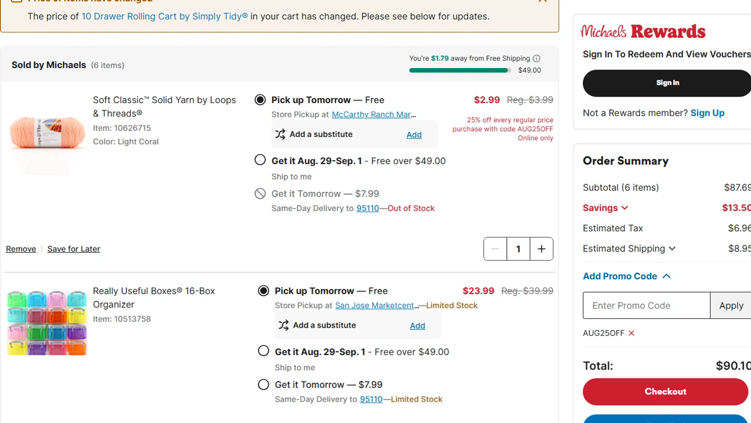 Michaels promo code screenshot showing code AUG25OFF applied at Michaels checkout page. Uploaded by SimplyCodes community member Marboroooooooooooo on Aug 27, 2025