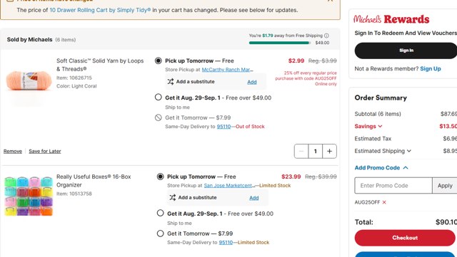 Michaels checkout page showing Michaels promo code box | Screenshot taken by SimplyCodes community member on Aug 27, 2025