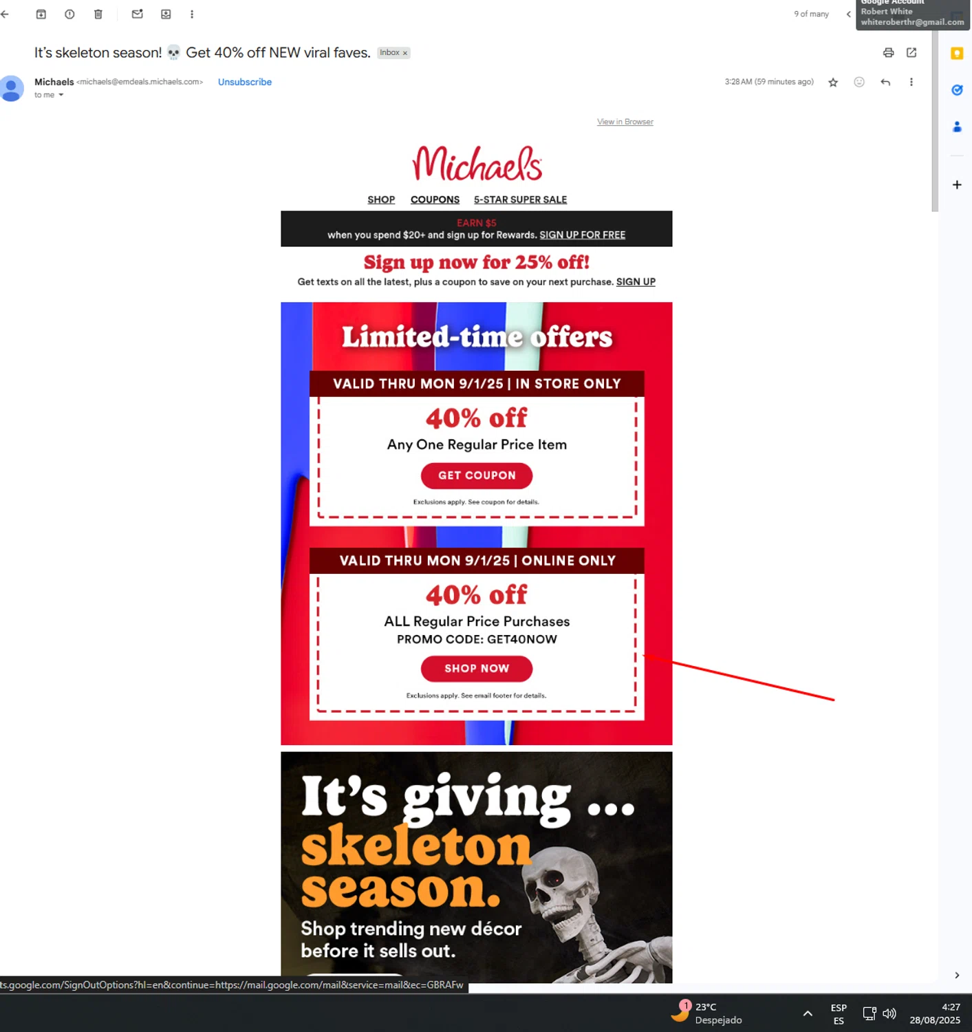 Michaels promo code screenshot showing code get40now applied at Michaels checkout page. Uploaded by SimplyCodes community member UnkNownVnzla on Aug 28, 2025