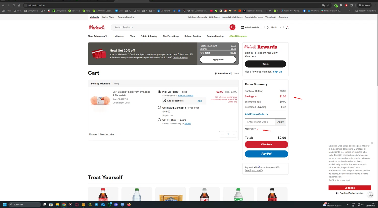 Michaels promo code screenshot showing code AUG25OFF applied at Michaels checkout page. Uploaded by SimplyCodes community member UnkNownVnzla on Aug 25, 2025