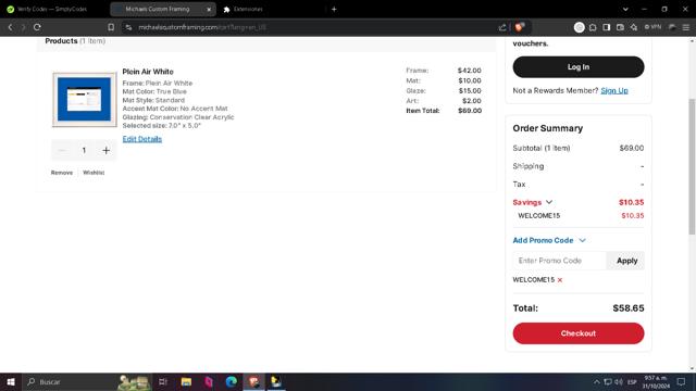 Michaels Custom Framing checkout page showing Michaels Custom Framing promo code box | Screenshot taken by SimplyCodes community member on Oct 31, 2024