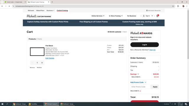 Michaels Custom Framing checkout page showing Michaels Custom Framing promo code box | Screenshot taken by SimplyCodes community member on Jan 12, 2025