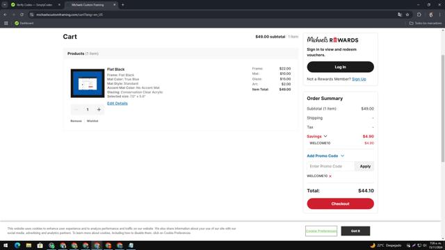 Michaels Custom Framing checkout page showing Michaels Custom Framing promo code box | Screenshot taken by SimplyCodes community member on Nov 15, 2024