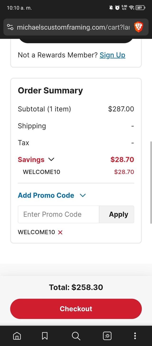 Michaels Custom Framing checkout page showing Michaels Custom Framing promo code box | Screenshot taken by SimplyCodes community member on Oct 17, 2024