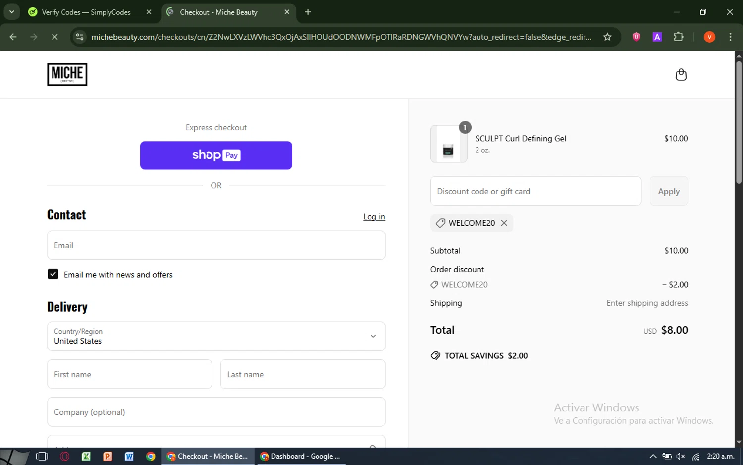Miche Beauty discount code screenshot showing code WELCOME20 applied at Miche Beauty checkout page. Uploaded by SimplyCodes community member SavingsCaptain8190 on Jun 24, 2025