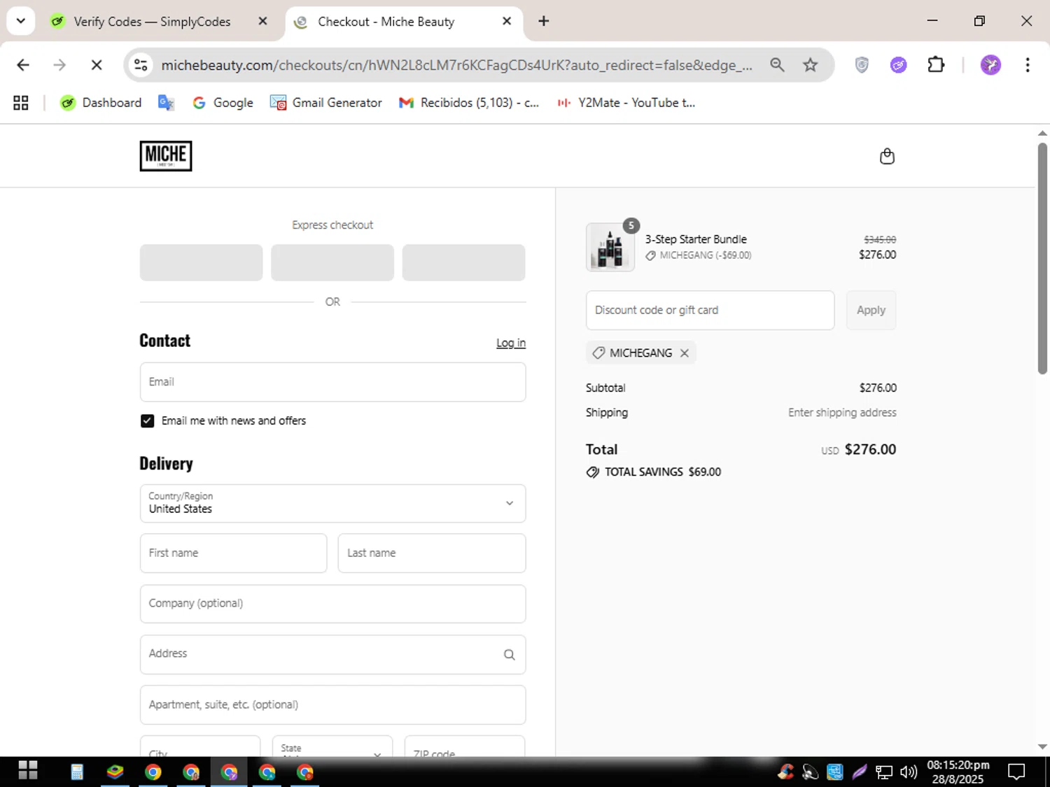 Miche Beauty discount code screenshot showing code MICHEGANG applied at Miche Beauty checkout page. Uploaded by SimplyCodes community member CouponSentinel5832 on Aug 29, 2025