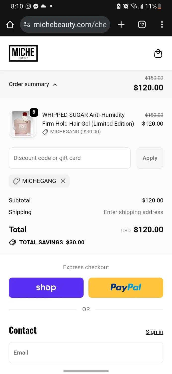 Miche Beauty discount code screenshot showing code MICHEGANG applied at Miche Beauty checkout page. Uploaded by SimplyCodes community member miguelcrast on Nov 12, 2025