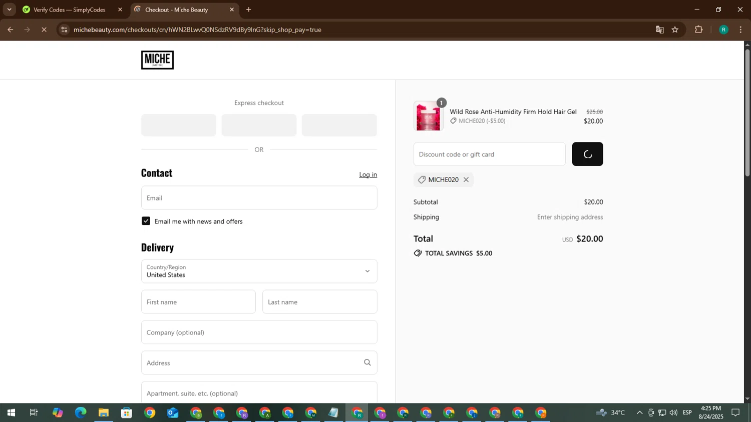 Miche Beauty discount code screenshot showing code MICHE020 applied at Miche Beauty checkout page. Uploaded by SimplyCodes community member CleverCurator1217 on Aug 24, 2025