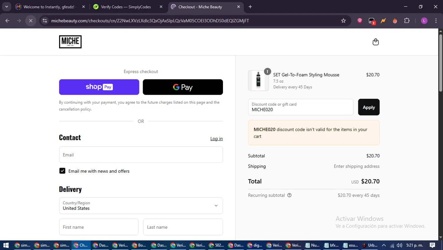 Miche Beauty discount code screenshot showing code MICHE020 applied at Miche Beauty checkout page. Uploaded by SimplyCodes community member RewardScout5160 on Jul 7, 2025