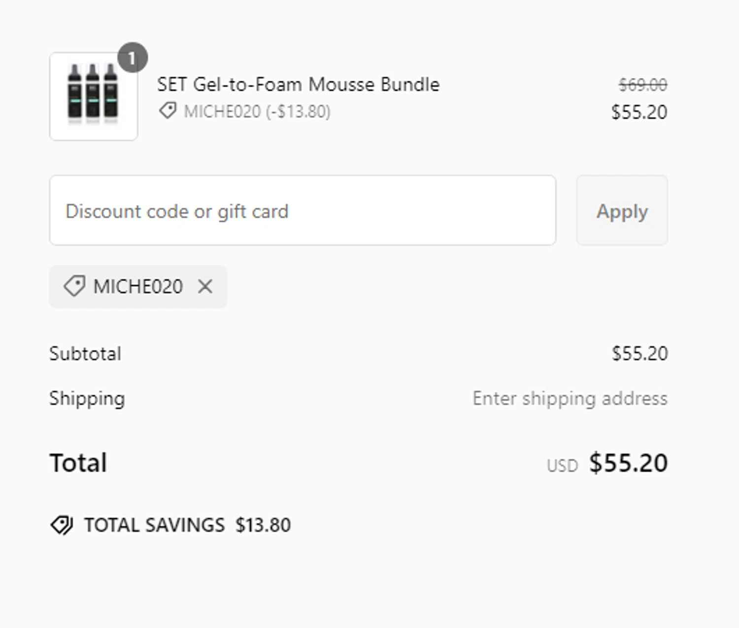 Miche Beauty discount code screenshot showing code MICHE020 applied at Miche Beauty checkout page. Uploaded by SimplyCodes community member RewardCurator5232 on Feb 10, 2025