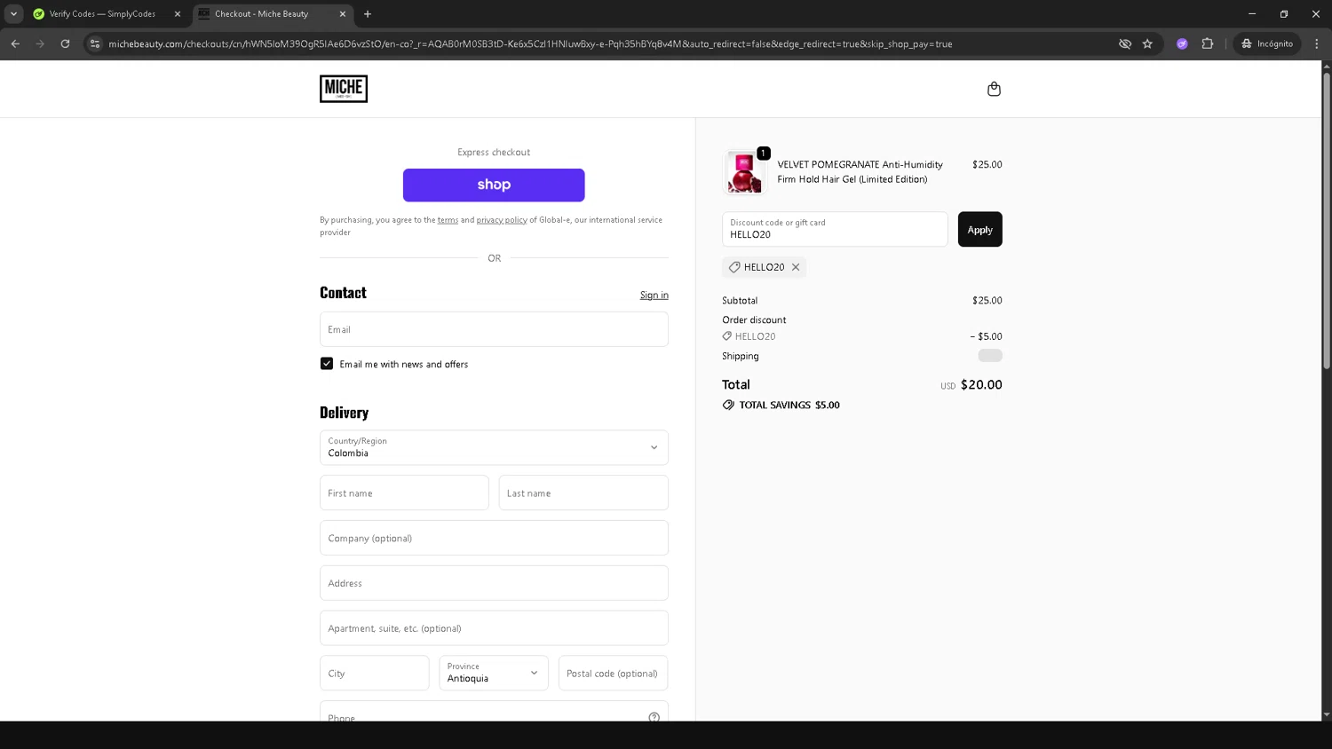 Miche Beauty discount code screenshot showing code HELLO20 applied at Miche Beauty checkout page. Uploaded by SimplyCodes community member AVAMUSTANG on Nov 27, 2025