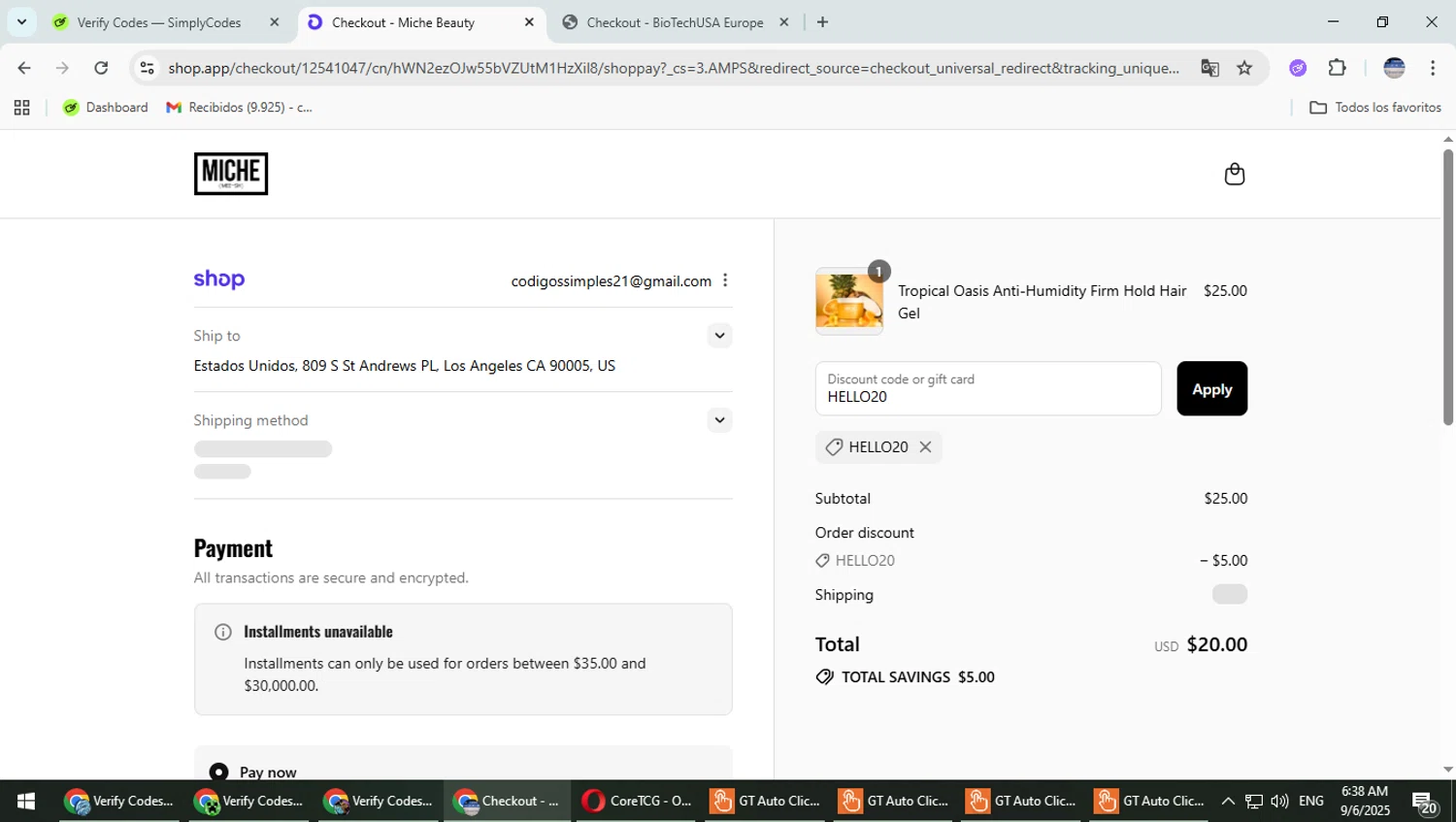 Miche Beauty discount code screenshot showing code HELLO20 applied at Miche Beauty checkout page. Uploaded by SimplyCodes community member TrevorPhilips on Sep 6, 2025