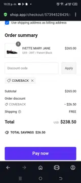 Comeback coupon verification screenshot