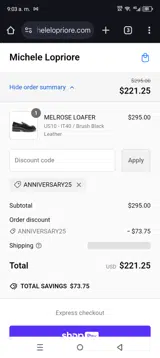 ANNIVERSARY25 coupon verification screenshot