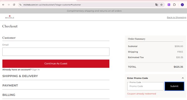 Michele checkout page showing Michele promo code box | Screenshot taken by SimplyCodes community member on Feb 13, 2025