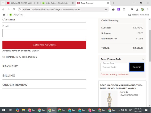 Michele checkout page showing Michele promo code box | Screenshot taken by SimplyCodes community member on Feb 12, 2025