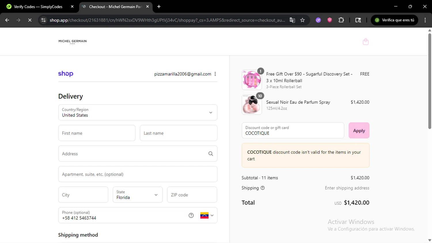 Michel Germain promo code screenshot showing code COCOTIQUE applied at Michel Germain checkout page. Uploaded by SimplyCodes community member SAIKOO on Sep 12, 2025