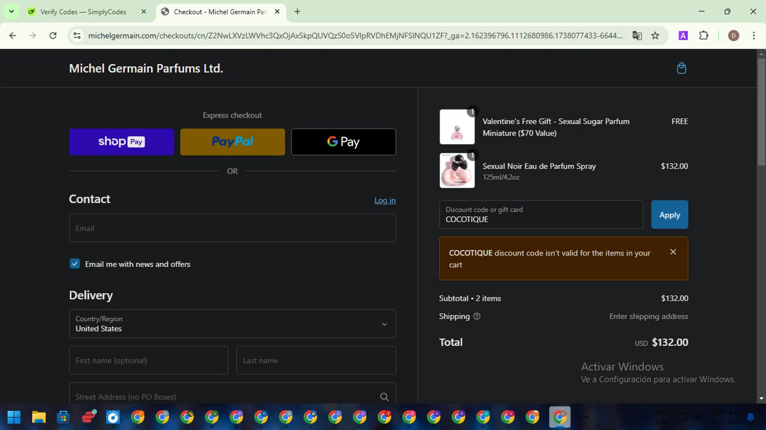 Michel Germain promo code screenshot showing code COCOTIQUE applied at Michel Germain checkout page. Uploaded by SimplyCodes community member NobleWarden6764 on Jan 28, 2025