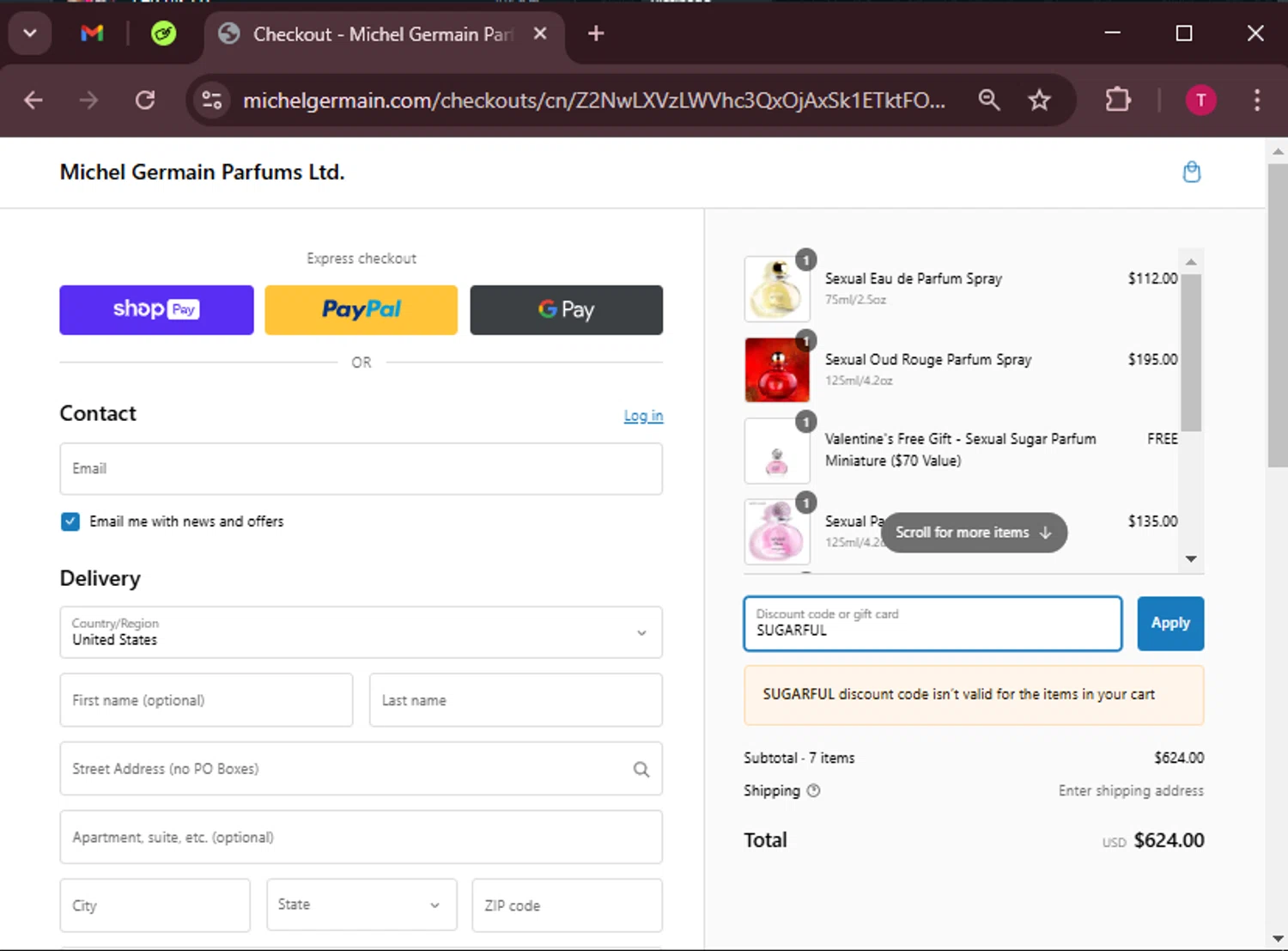 Michel Germain promo code screenshot showing code SUGARFUL applied at Michel Germain checkout page. Uploaded by SimplyCodes community member WiseScout3498 on Feb 18, 2025