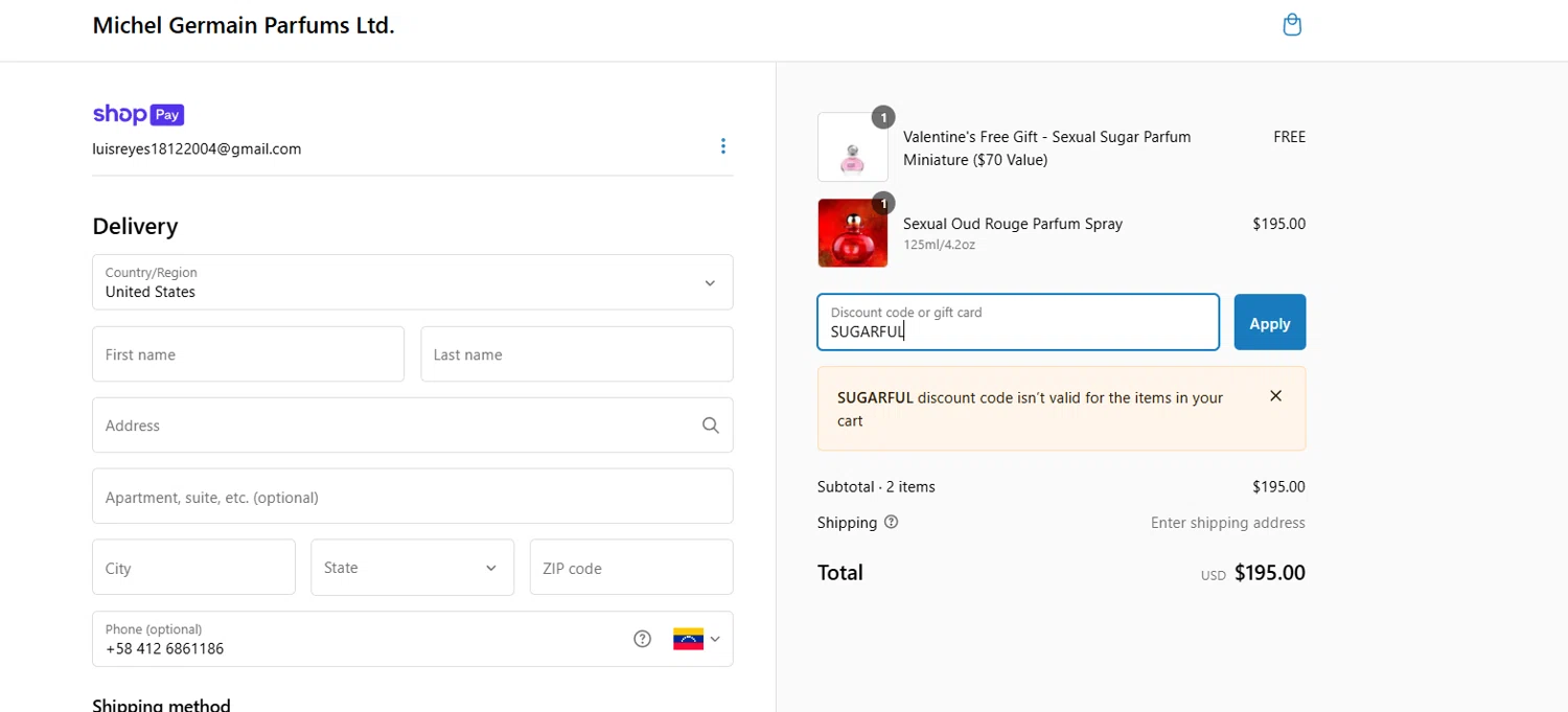 Michel Germain promo code screenshot showing code SUGARFUL applied at Michel Germain checkout page. Uploaded by SimplyCodes community member NobleExpert7669 on Feb 9, 2025