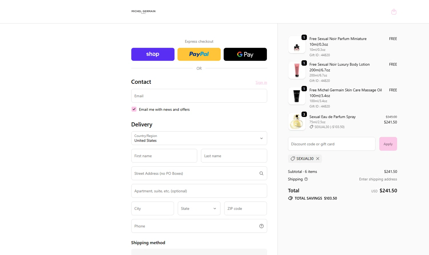 Michel Germain promo code screenshot showing code SEXUAL30 applied at Michel Germain checkout page. Uploaded by SimplyCodes community member Billyyou on Jan 22, 2026