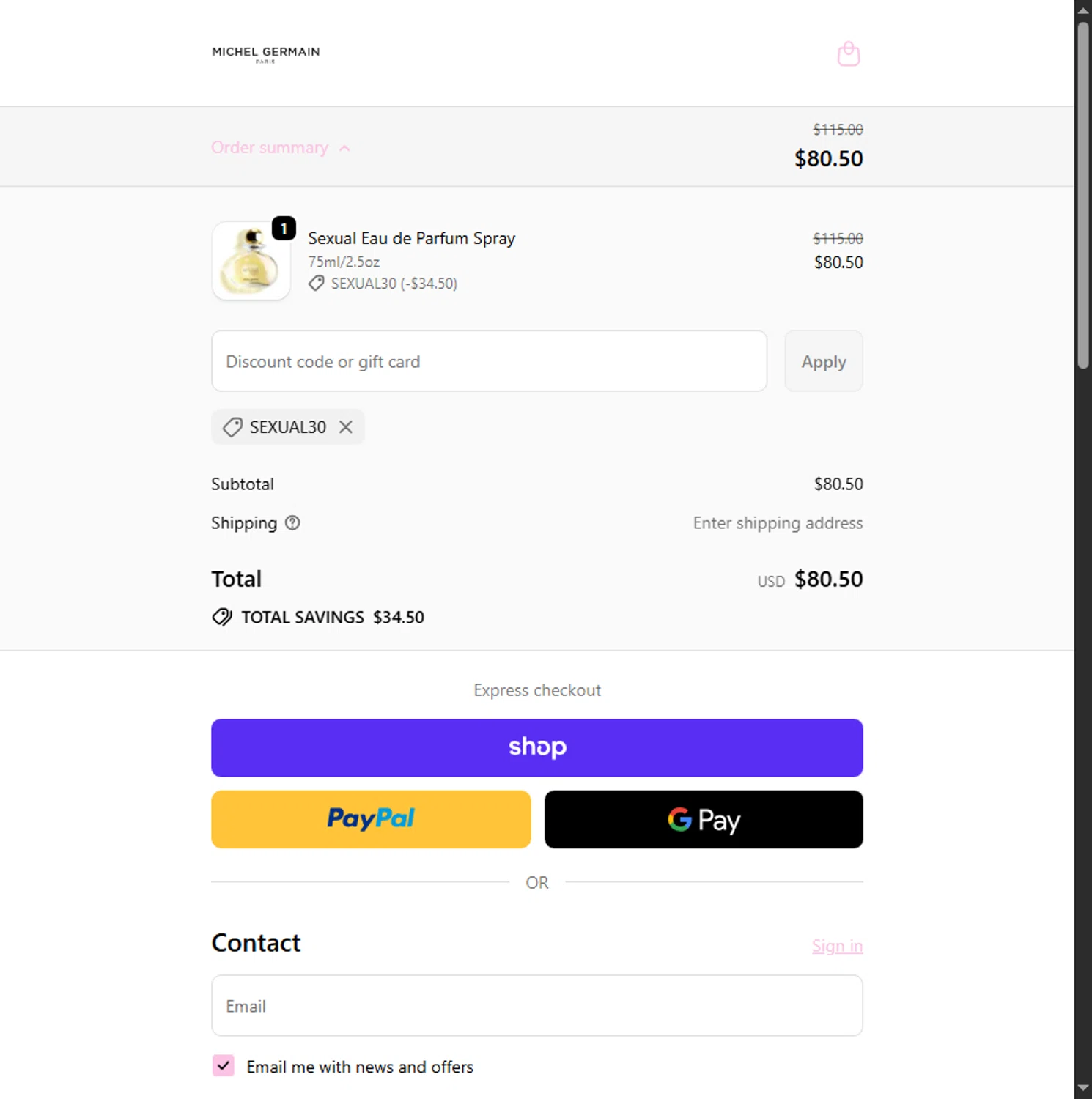 Michel Germain promo code screenshot showing code SEXUAL30 applied at Michel Germain checkout page. Uploaded by SimplyCodes community member Leannysv7lla on Sep 21, 2025
