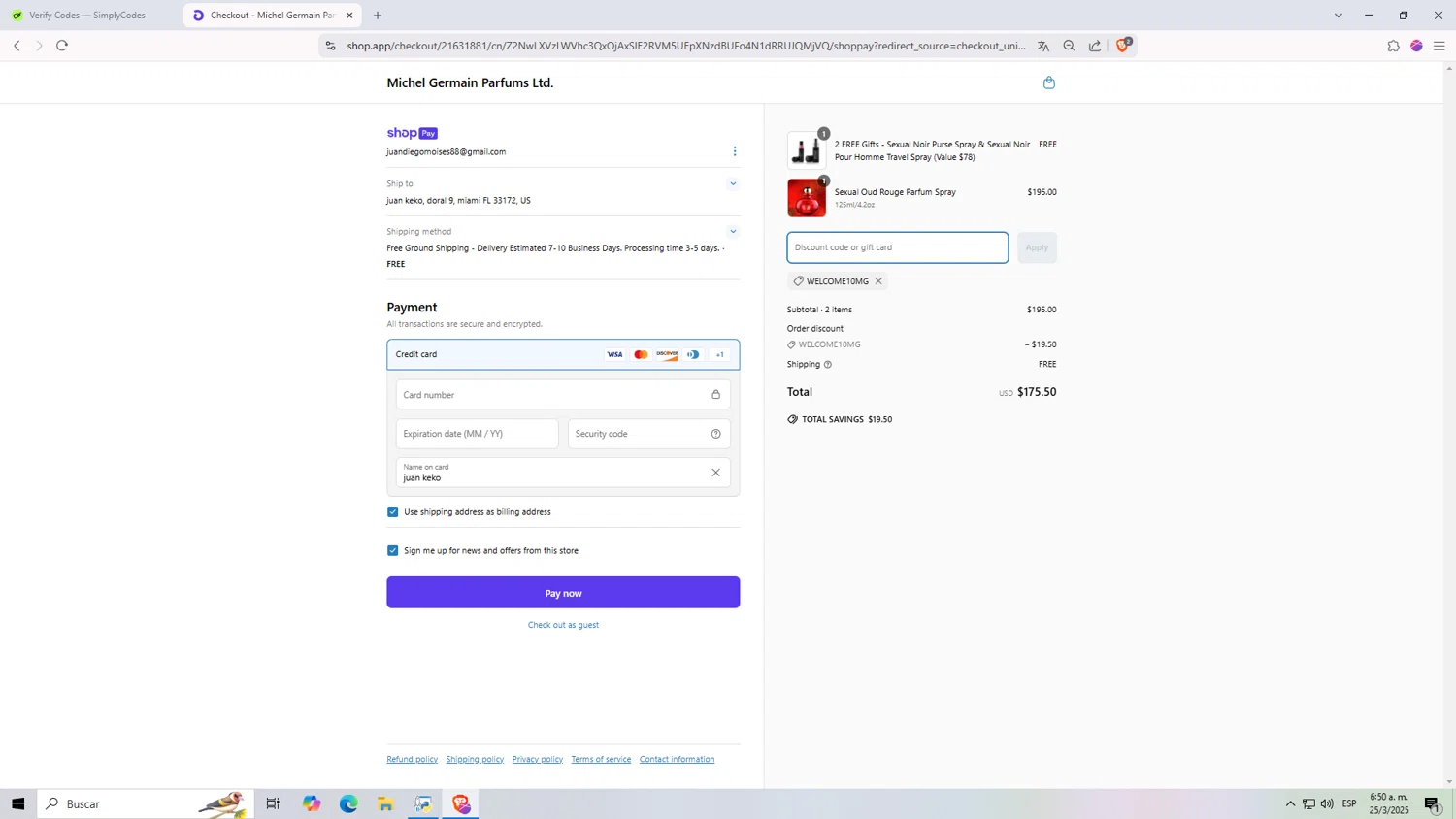 Michel Germain promo code screenshot showing code WELCOME10MG applied at Michel Germain checkout page. Uploaded by SimplyCodes community member kl455o on Mar 25, 2025