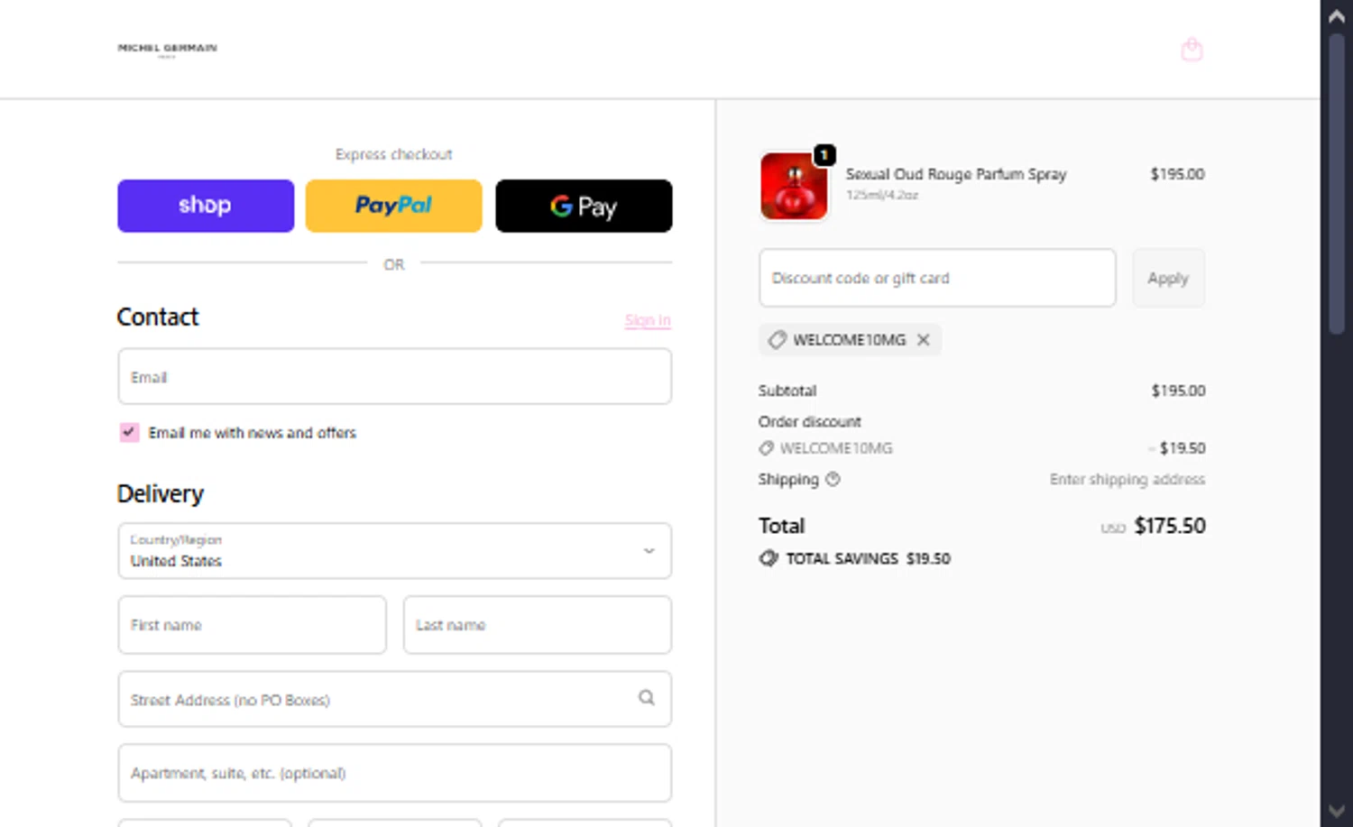 Michel Germain promo code screenshot showing code WELCOME10MG applied at Michel Germain checkout page. Uploaded by SimplyCodes community member TraxoGamer on Oct 3, 2025