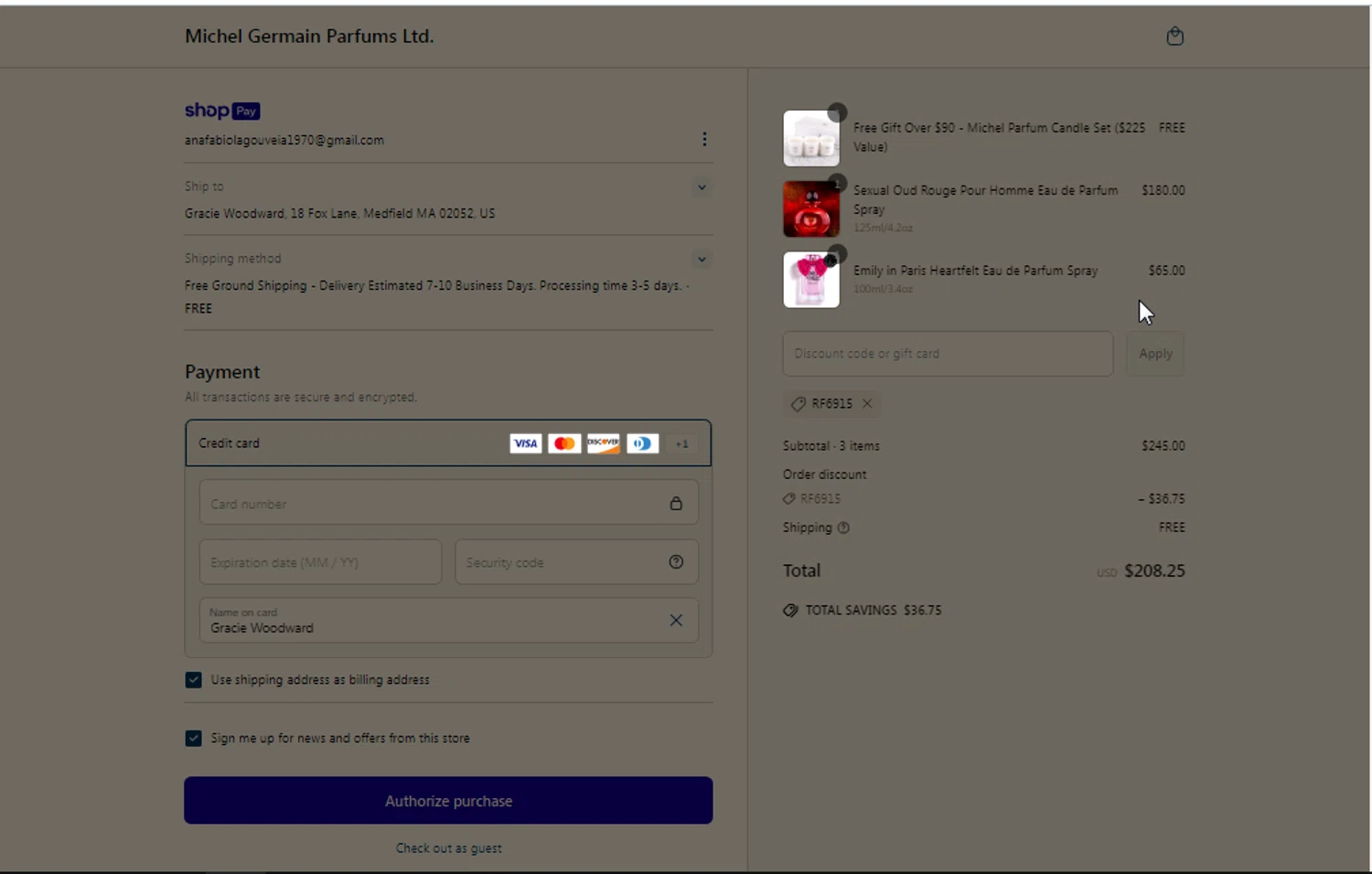 Michel Germain promo code screenshot showing code RF6915 applied at Michel Germain checkout page. Uploaded by SimplyCodes community member IFeelGood3 on May 4, 2025