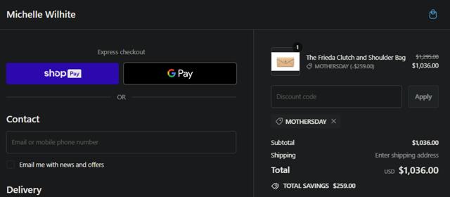 Michelle Wilhite checkout page showing Michelle Wilhite promo code box | Screenshot taken by SimplyCodes community member on Apr 30, 2024