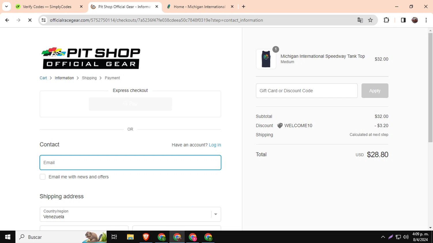 Michigan International Speedway checkout page showing Michigan International Speedway discount code box | Screenshot taken by SimplyCodes community member on Apr 8, 2024