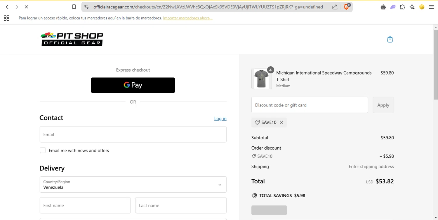 Michigan International Speedway discount code screenshot showing code SAVE10 applied at Michigan International Speedway checkout page. Uploaded by SimplyCodes community member popeyemalkovich on Feb 17, 2025