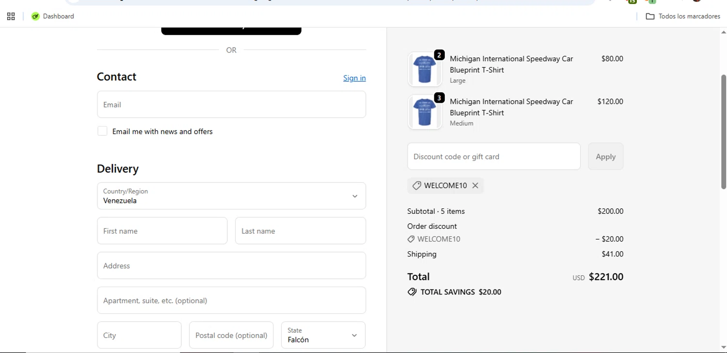 Michigan International Speedway discount code screenshot showing code WELCOME10 applied at Michigan International Speedway checkout page. Uploaded by SimplyCodes community member Speedy on Dec 11, 2025
