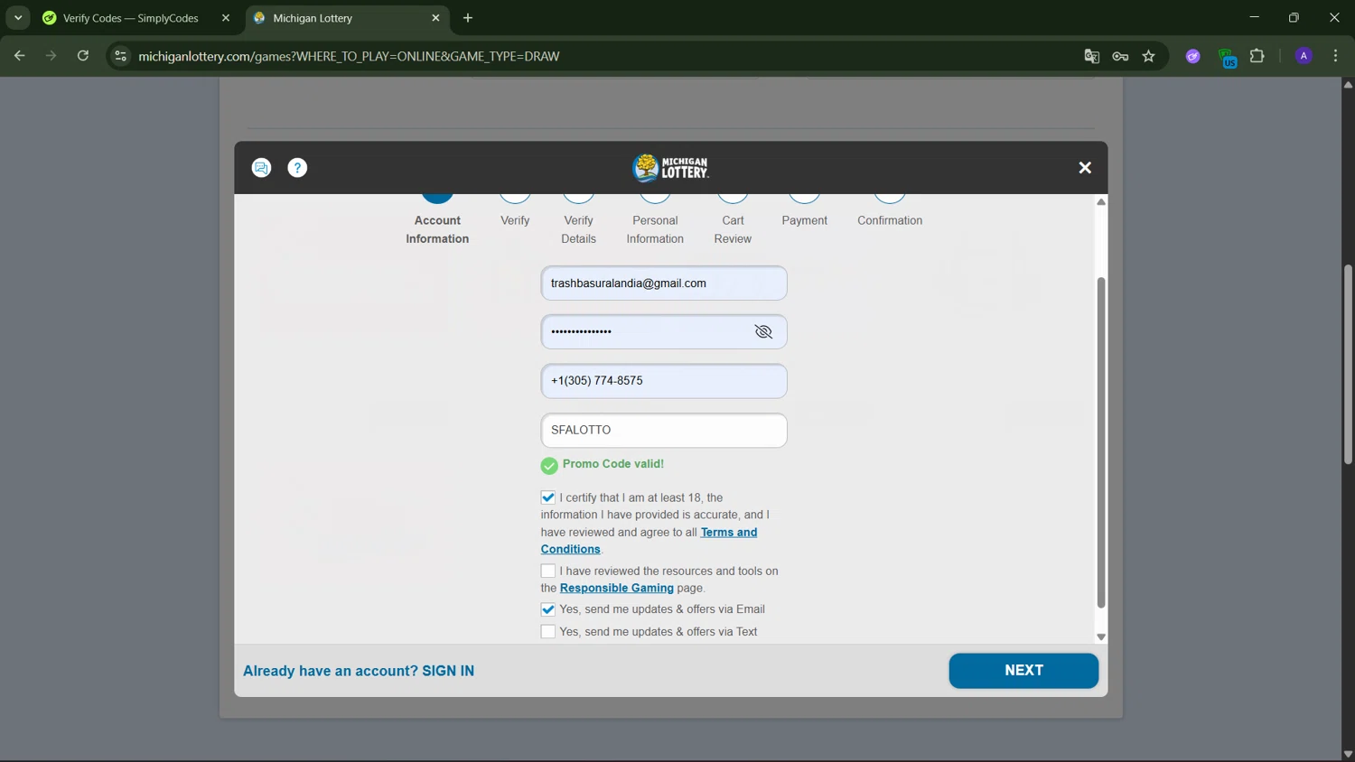 Michigan Lottery promo code screenshot showing code SFALOTTO applied at Michigan Lottery checkout page. Uploaded by SimplyCodes community member Lanzaa on Dec 29, 2025