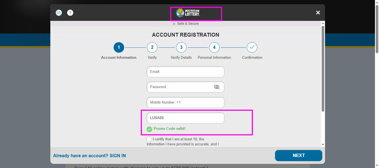 Michigan Lottery promo code screenshot showing code LUSA50 applied at Michigan Lottery checkout page. Uploaded by SimplyCodes community member mrdarcy on Jan 22, 2026