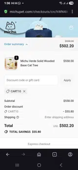 MichuPet coupon verification screenshot
