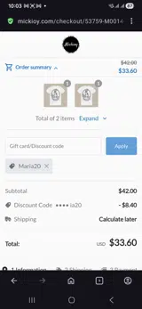 Maria20 coupon verification screenshot