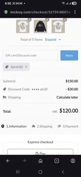 Sarah20 coupon verification screenshot