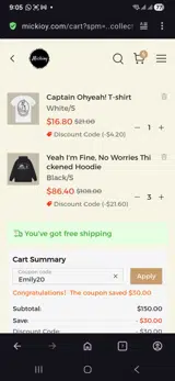 Emily20 coupon verification screenshot
