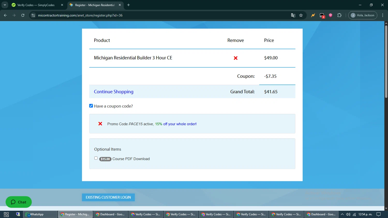 MIContractorTraining.com promo code screenshot showing code PACE15 applied at MIContractorTraining.com checkout page. Uploaded by SimplyCodes community member CashShopper1214 on Jun 14, 2025