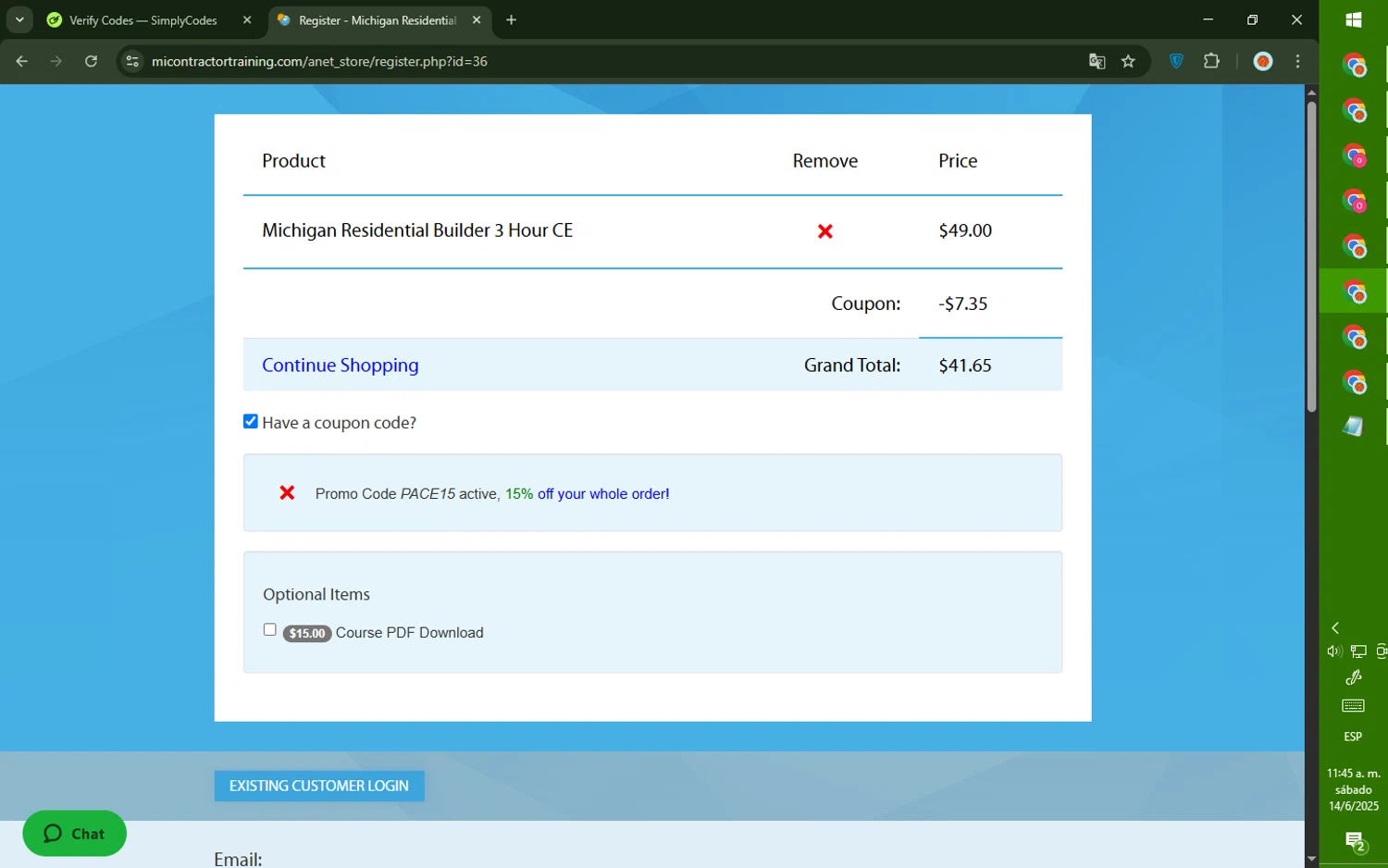 MIContractorTraining.com promo code screenshot showing code PACE15 applied at MIContractorTraining.com checkout page. Uploaded by SimplyCodes community member DealTiger9869 on Jun 14, 2025