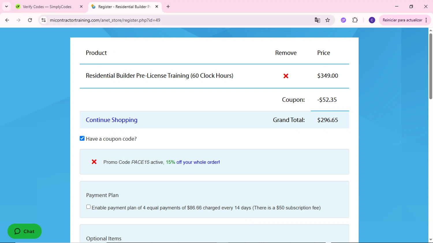 MIContractorTraining.com promo code screenshot showing code PACE15 applied at MIContractorTraining.com checkout page. Uploaded by SimplyCodes community member MoneyWizard2699 on Jun 14, 2025